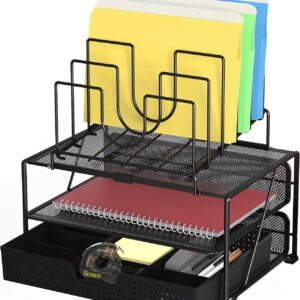 Deco Brothers Desktop File Organizer with Double Tray and 5 Folder Stand, Black